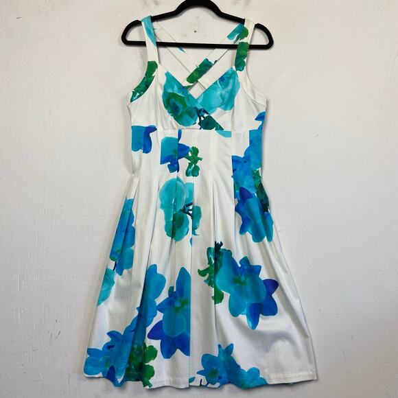 Calvin Klein Dresses & Skirts - Calvin Klein White Blue Cotton Stretch Fit Flare Sleeveless Dress Size 10